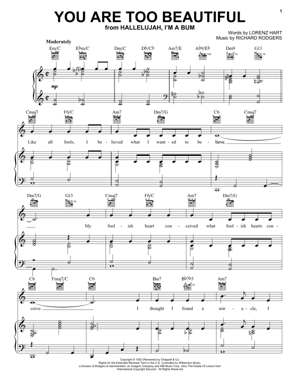 Rodgers & Hart You Are Too Beautiful Musik Noten - Cello Solo - 173355-0