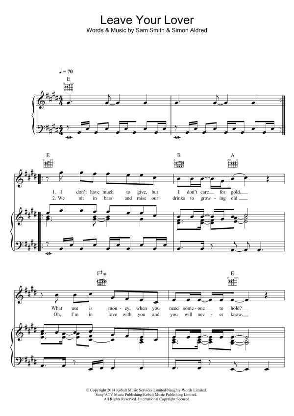 Sam Smith Leave Your Lover Musik Noten - Piano, Vocal & Guitar Chords - 118984-0
