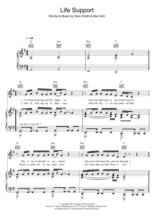 Sam Smith Life Support Musik Noten - Piano, Vocal & Guitar Chords - 118983-0