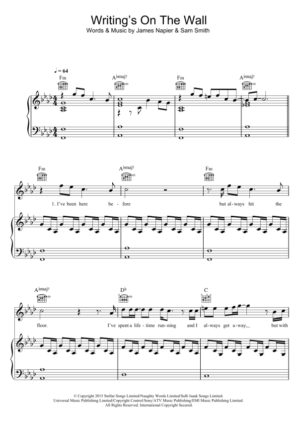 Sam Smith Writing's On The Wall (from James Bond: Spectre) Musik Noten - Piano, Vocal & Guitar Chords - 122124-0