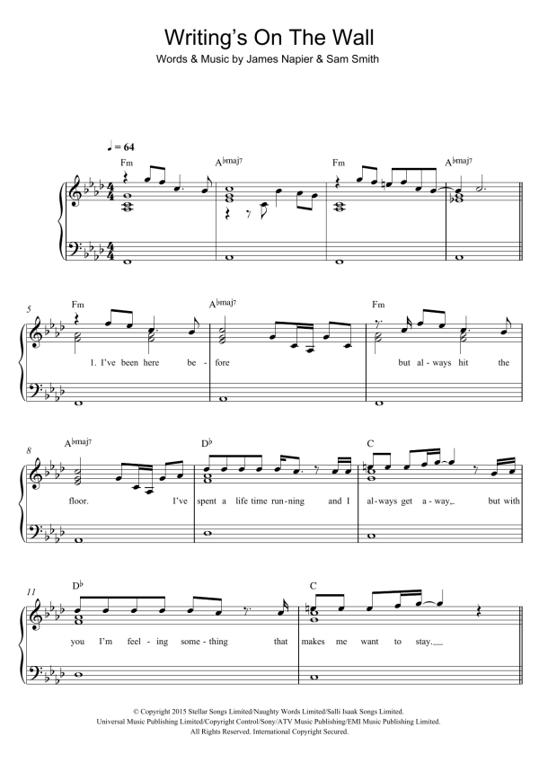 Sam Smith Writing's On The Wall Musik Noten - Guitar Chords/Lyrics - 161660-0