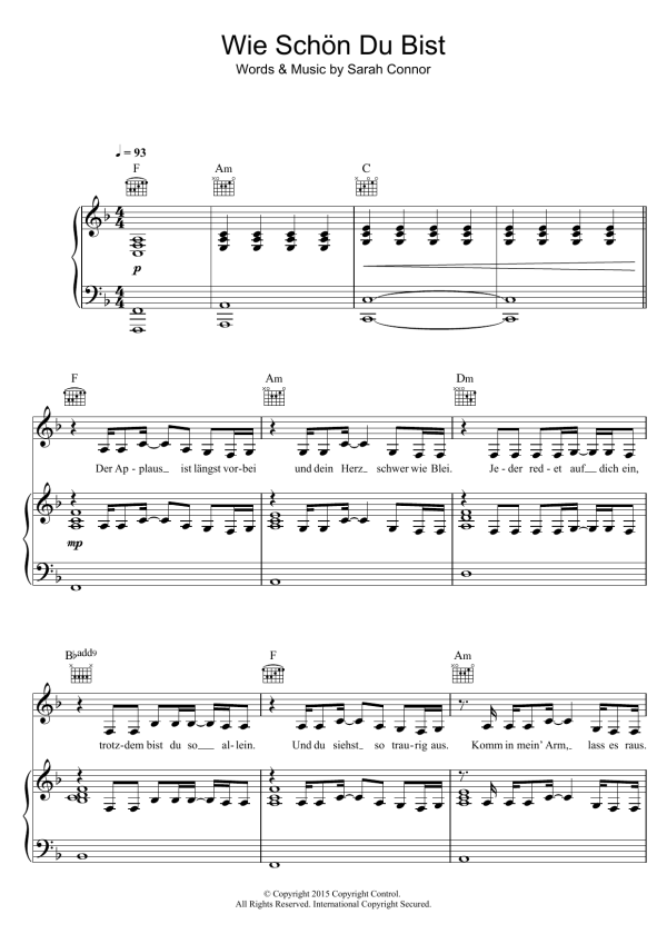 Sarah Connor Wie Schon Du Bist Musik Noten - Piano, Vocal & Guitar Chords - 121573-0