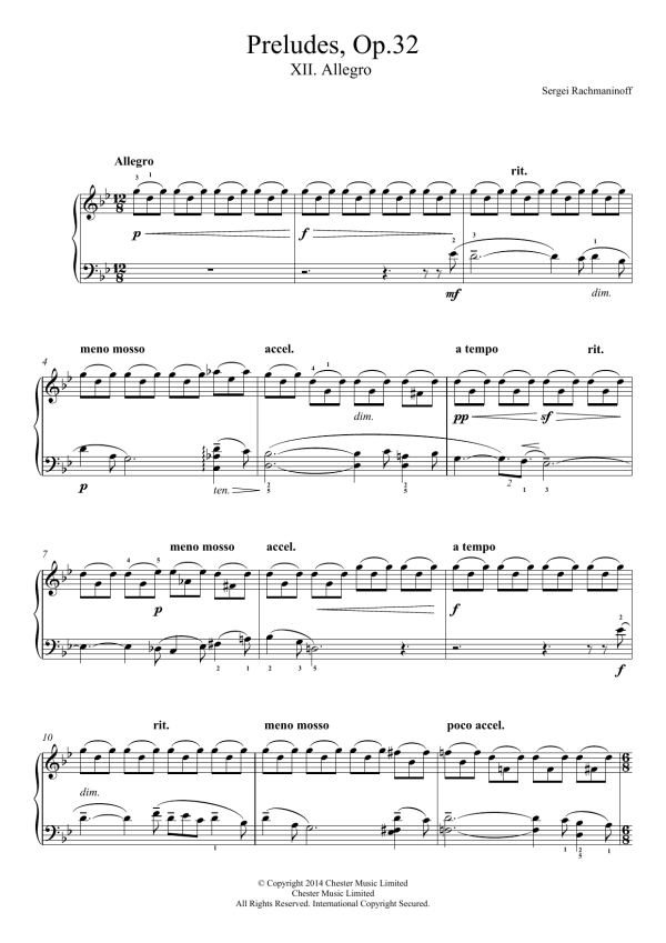 Sergei Rachmaninoff Preludes Op.32, No.12 Allegro Musik Noten - Easy Piano - 117621-0