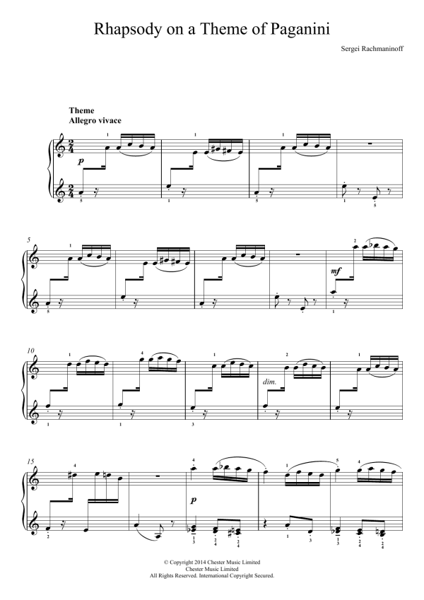 Sergei Rachmaninoff Rhapsody on a Theme of Paganini Musik Noten - Easy Piano - 117623-0