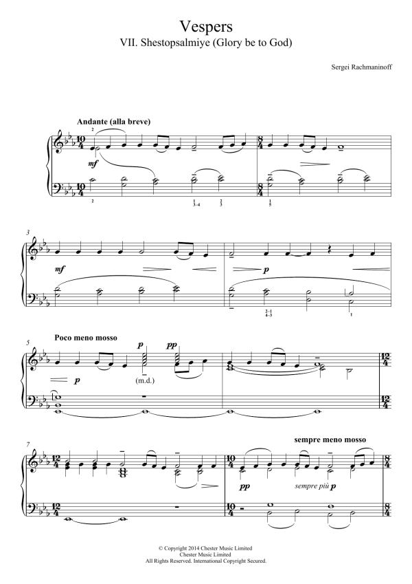 Sergei Rachmaninoff Vespers (All-Night Vigil) Op.37, No.7 Shestopsalmiye (Glory be to God) Musik Noten - Piano Solo - 117663-0