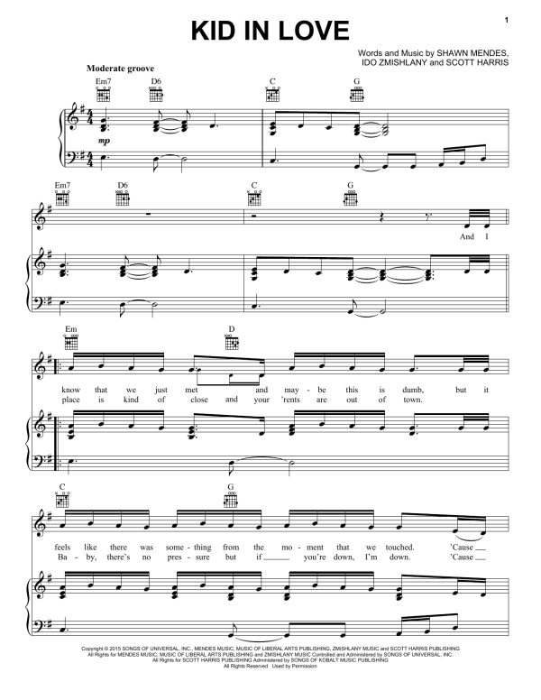 Shawn Mendes Kid In Love Musik Noten - Piano, Vocal & Guitar Chords - 160791-0