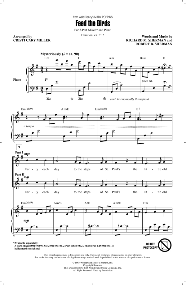 Sherman Brothers Feed The Birds (from Mary Poppins) (arr. Cristi Cary Miller) Musik Noten - 3-Part Mixed Choir - 160579-0