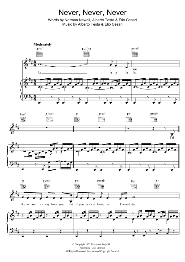 Shirley Bassey Never Never Never Musik Noten - Piano, Vocal & Guitar Chords - 121022-0
