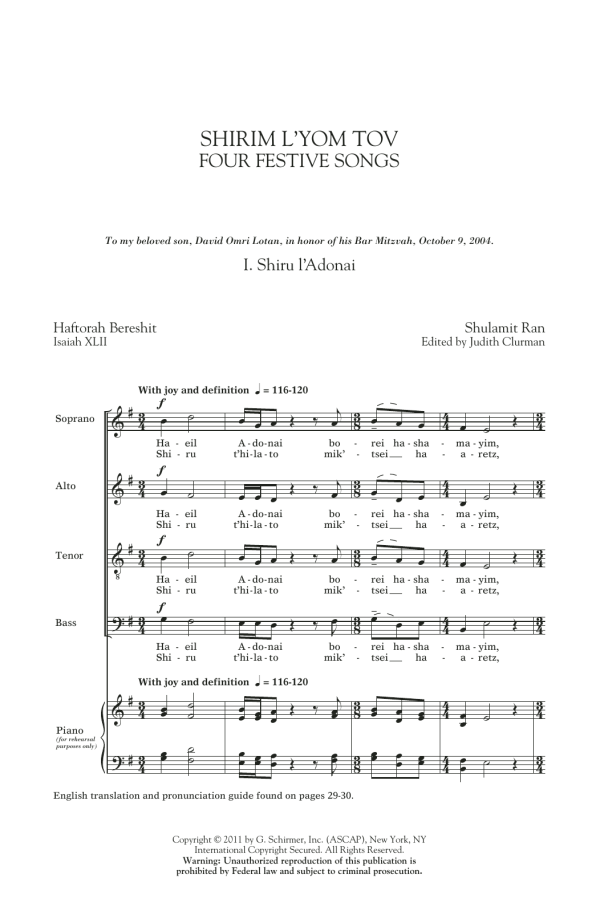Shulamit Ran Shirim L'Yom Tov: Four Festive Songs Musik Noten - SATB Choir - 85985-0