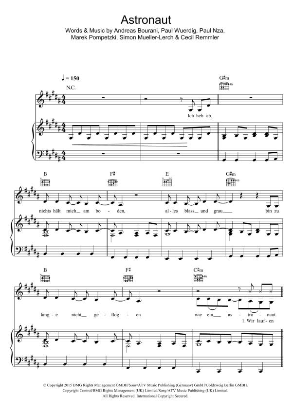 Sido Astronaut (featuring Andreas Bourani) Musik Noten - Piano, Vocal & Guitar Chords - 122563-0