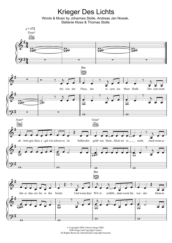 Silbermond Krieger Des Lichts Musik Noten - Piano, Vocal & Guitar Chords - 123986-0