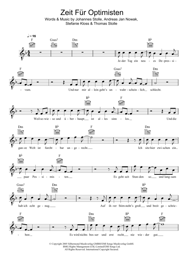 Silbermond Zeit Fur Optimisten Musik Noten - Lead Sheet / Fake Book - 123988-0