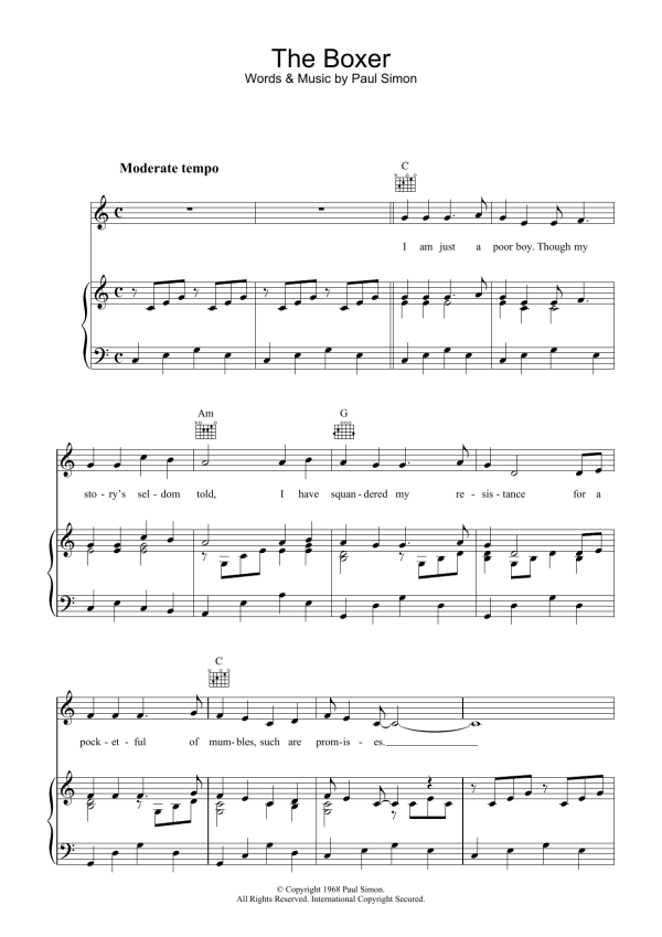 Simon & Garfunkel The Boxer Musik Noten - Piano Chords/Lyrics - 105042-0