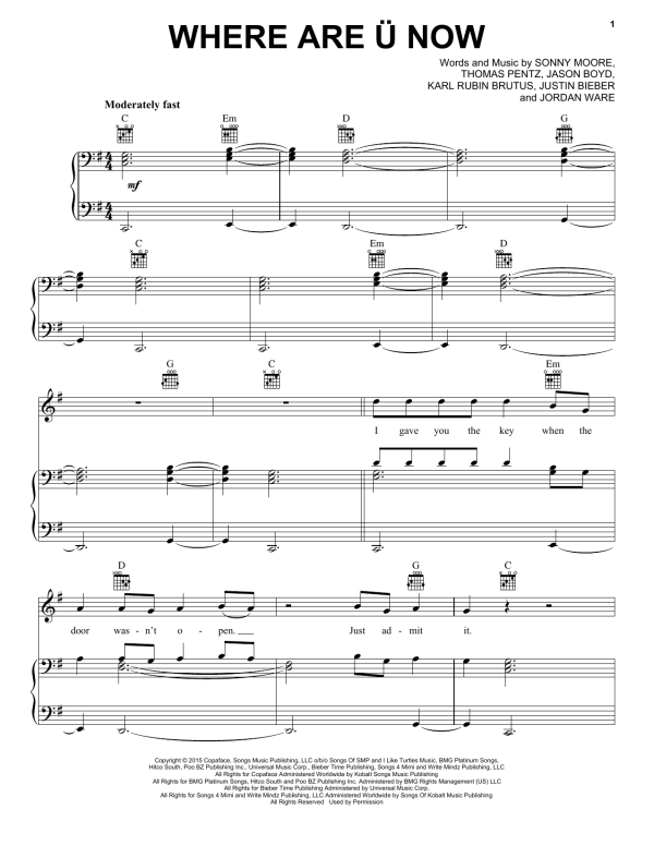 Skrillex & Diplo With Justin Bieber Where Are U Now Musik Noten - Piano, Vocal & Guitar Chords - 164905-0