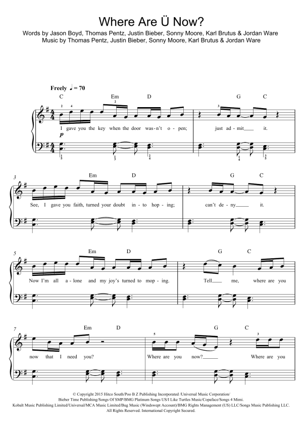 Skrillex Where Are U Now (featuring Justin Bieber) Musik Noten - Beginner Piano - 123708-0