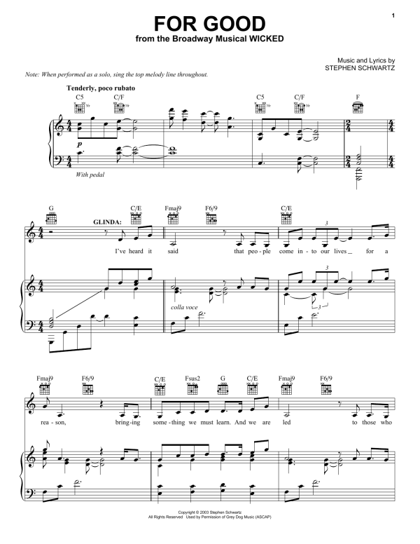 Stephen Schwartz For Good (from Wicked) Musik Noten - Piano & Vocal - 179001-0