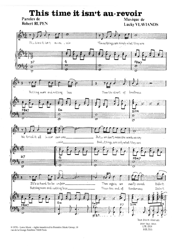 Stylianos Vlavianos This Time It Isn't Au Revoir Musik Noten - Piano & Vocal - 116893-0