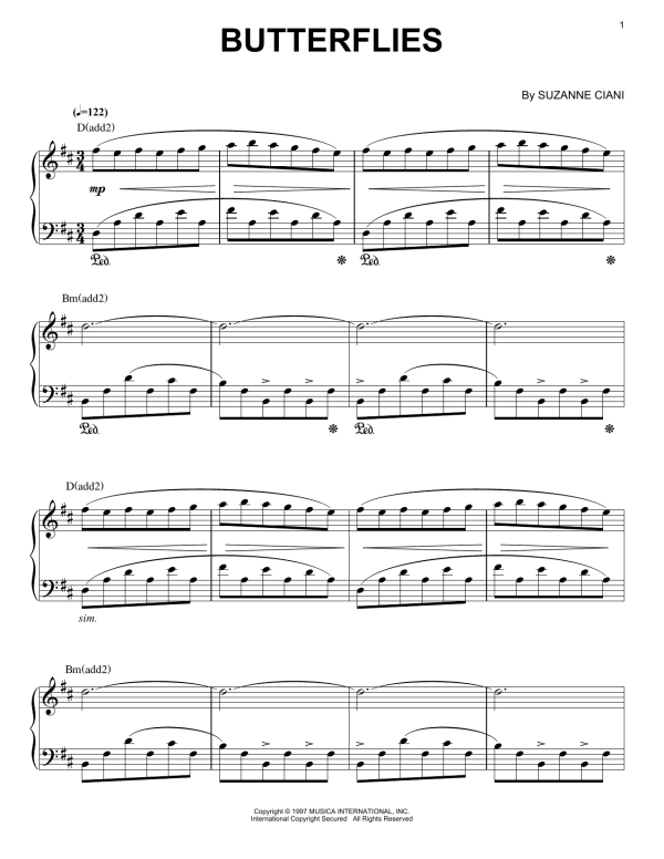 Suzanne Ciani Butterflies Musik Noten - Piano, Vocal & Guitar Chords - 156889-0