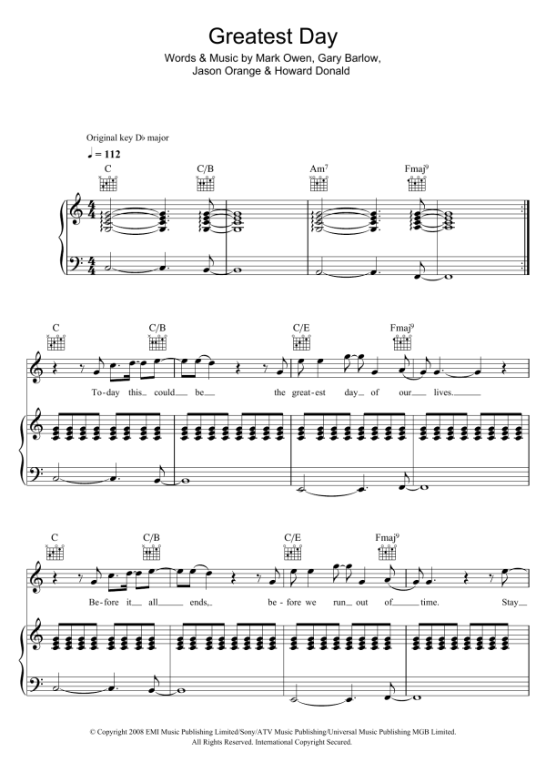 Take That Greatest Day Musik Noten - Easy Piano - 110203-0