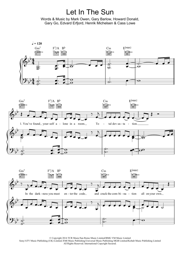 Take That Let In The Sun Musik Noten - Piano, Vocal & Guitar Chords - 120660-0