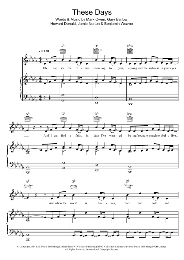 Take That These Days Musik Noten - Piano, Vocal & Guitar Chords - 120005-0