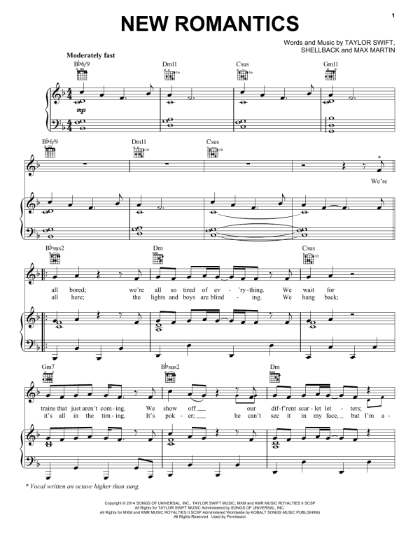 Taylor Swift New Romantics Musik Noten - Piano, Vocal & Guitar Chords - 161116-0