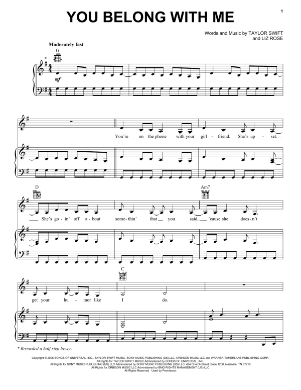 Taylor Swift You Belong With Me Musik Noten - Piano, Vocal & Guitar Chords - 110213-0