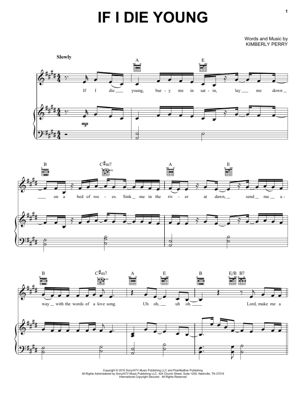 The Band Perry If I Die Young Musik Noten - Piano, Vocal & Guitar Chords - 153047-0