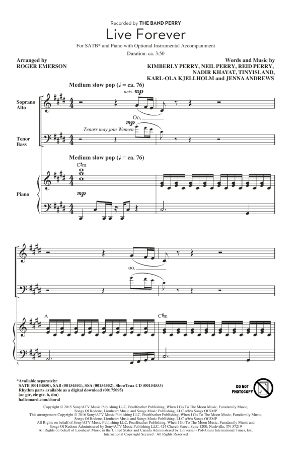 The Band Perry Live Forever (arr. Roger Emerson) Musik Noten - SATB Choir - 173137-0