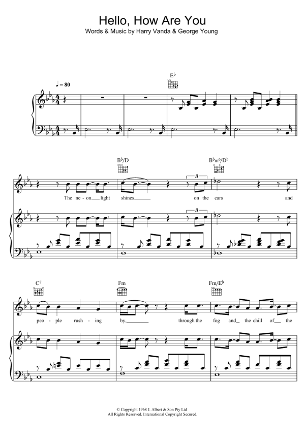 The Easybeats Hello, How Are You Musik Noten - Piano, Vocal & Guitar Chords - 123457-0