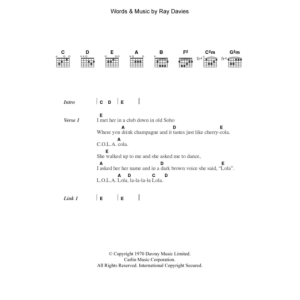 The Kinks Lola Musik Noten - Piano, Vocal & Guitar Chords - 151122-0