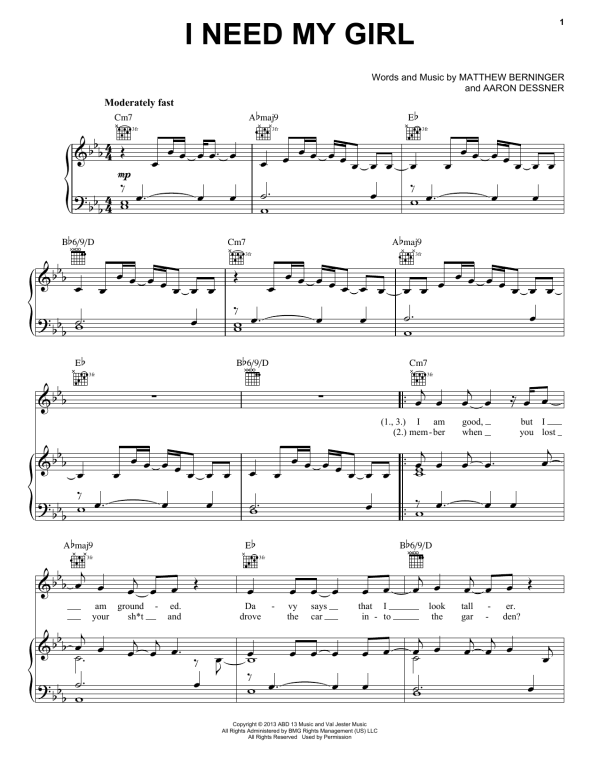 The National I Need My Girl Musik Noten - Piano, Vocal & Guitar Chords - 158722-0