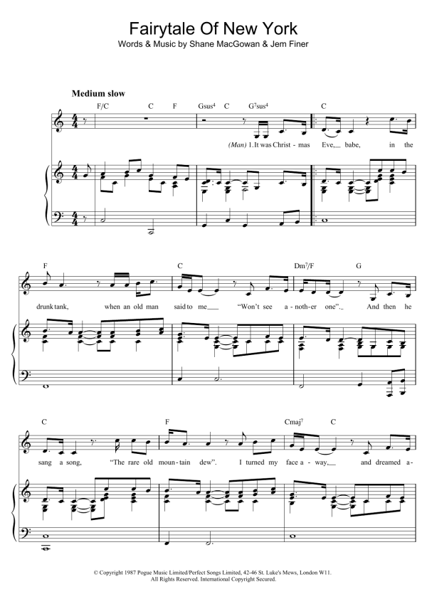 The Pogues & Kirsty MacColl Fairytale Of New York Musik Noten - Piano Chords/Lyrics - 110099-0