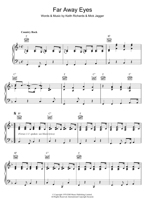 The Rolling Stones Far Away Eyes Musik Noten - Piano, Vocal & Guitar Chords - 117726-0