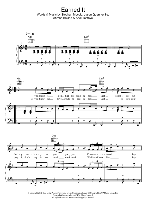 The Weeknd Earned It (from 'Fifty Shades Of Grey') Musik Noten - Piano, Vocal & Guitar Chords - 120653-0