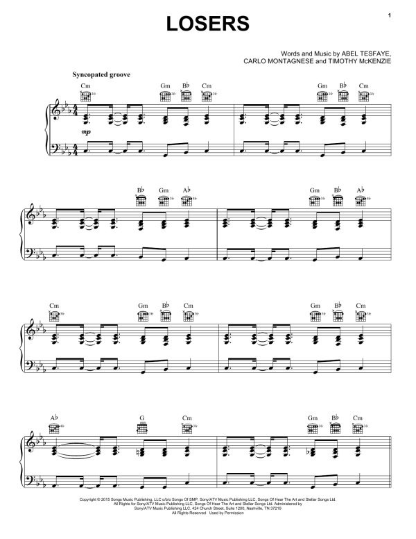 The Weeknd Losers Musik Noten - Piano, Vocal & Guitar Chords - 163441-0