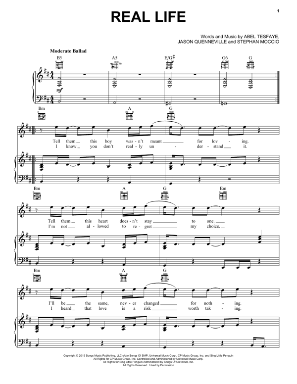 The Weeknd Real Life Musik Noten - Piano, Vocal & Guitar Chords - 163452-0