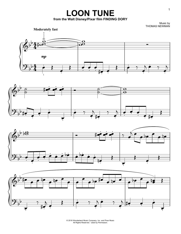 Thomas Newman Loon Tune (from Finding Dory) Musik Noten - Piano Solo - 173873-0