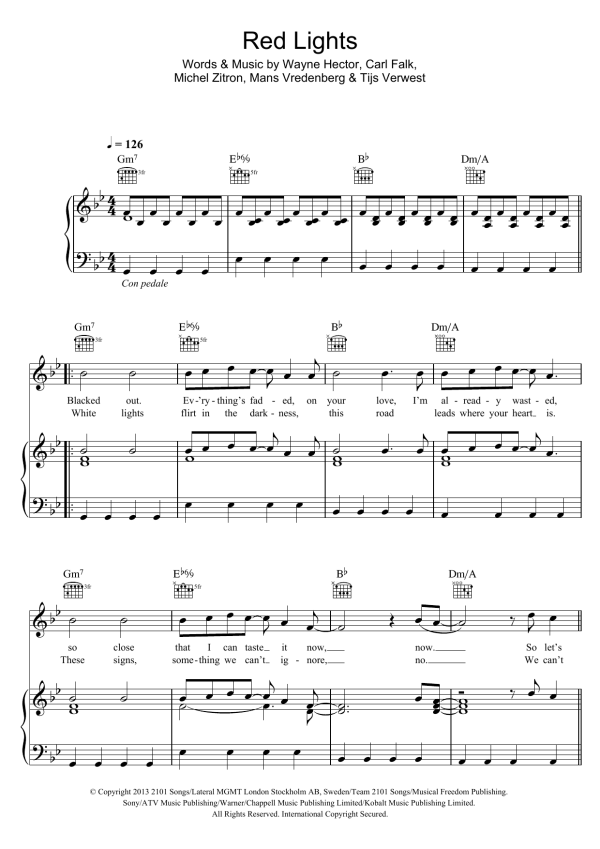 Tiesto Red Lights Musik Noten - Piano, Vocal & Guitar Chords - 118193-0