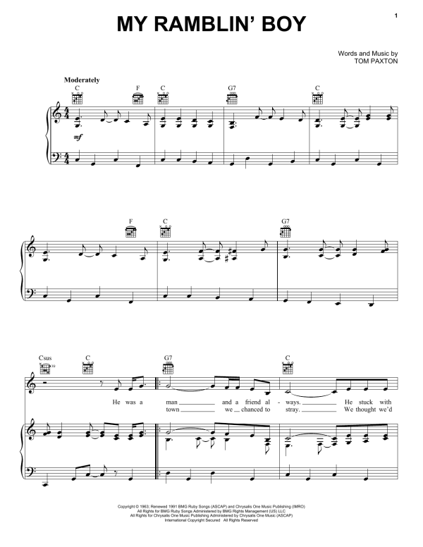 Tom Paxton My Ramblin' Boy Musik Noten - Piano, Vocal & Guitar Chords - 152485-0
