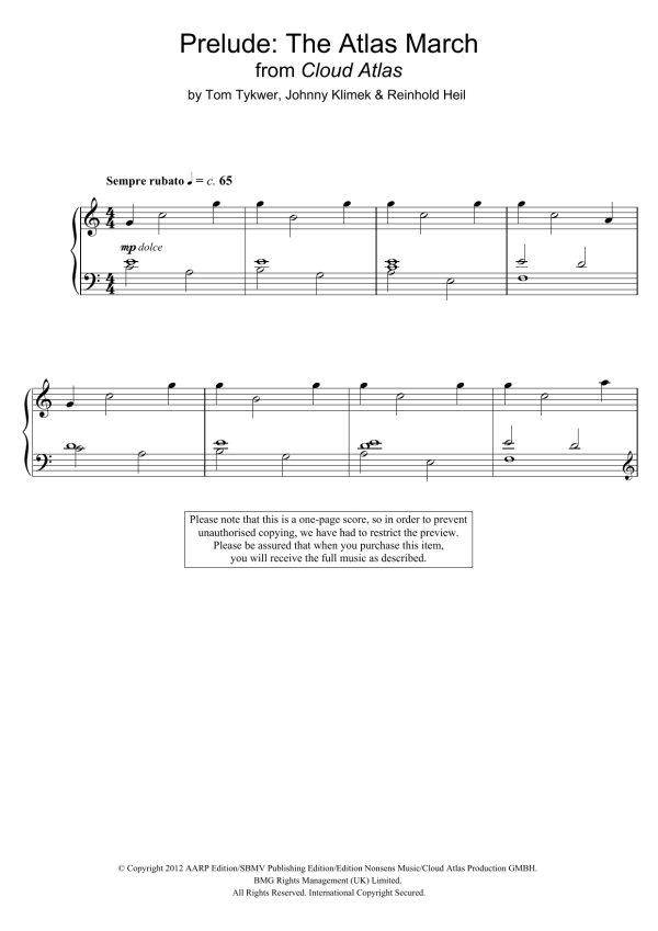 Tom Tykwer Prelude: The Atlas March Musik Noten - Piano Solo - 121876-0