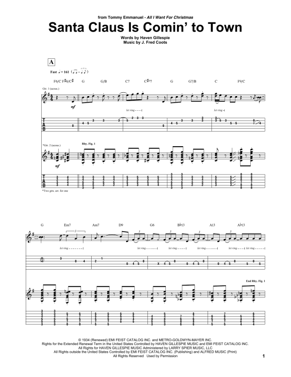 Tommy Emmanuel Santa Claus Is Comin' To Town Musik Noten - Guitar Tab - 160781-0