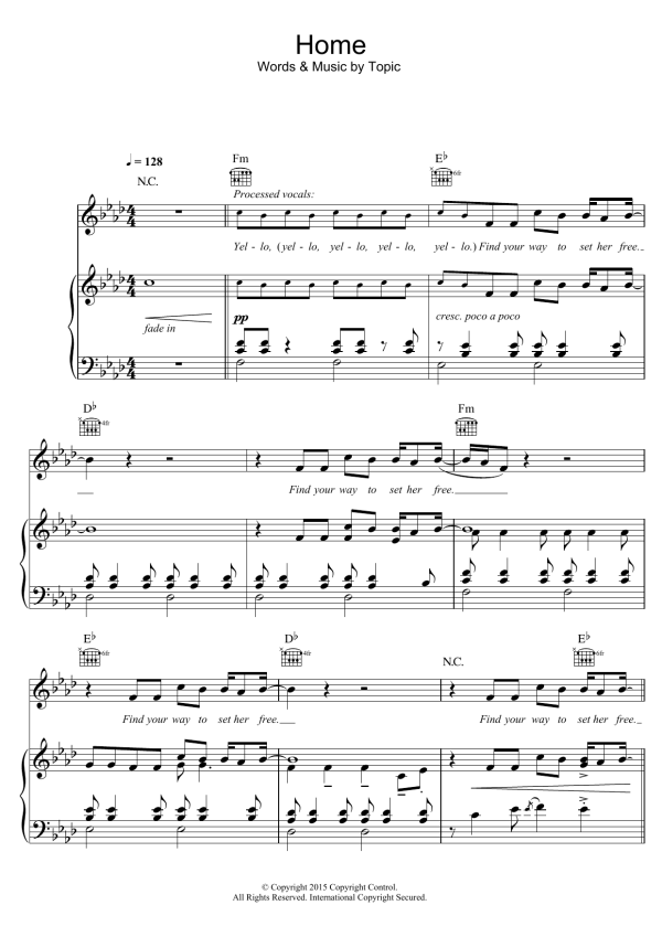 Topic Home (featuring Nico Santos) Musik Noten - Piano, Vocal & Guitar Chords - 123210-0