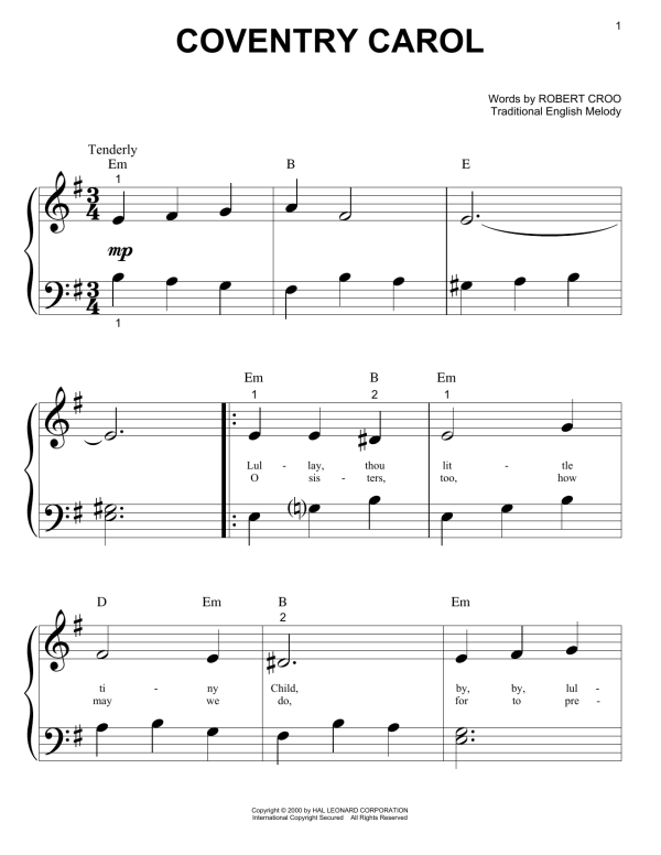 Traditional English Melody Coventry Carol Musik Noten - Easy Guitar Tab - 179376-0