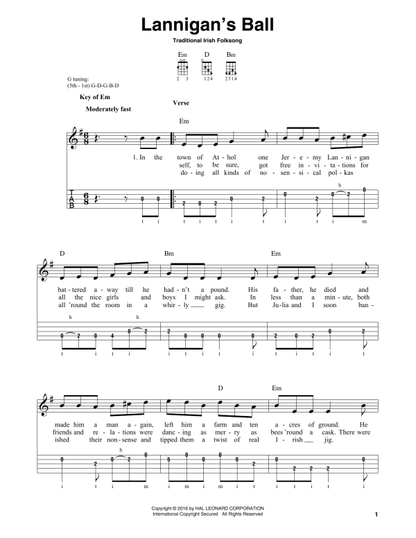 Traditional Irish Folk Song Lannigan's Ball Musik Noten - Piano, Vocal & Guitar Chords - 165210-0