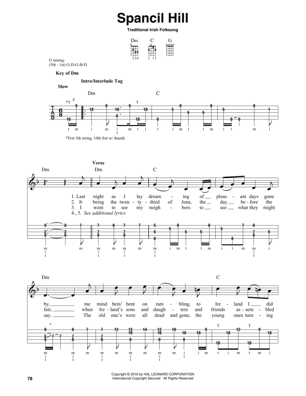 Traditional Irish Folk Song Spancil Hill Musik Noten - Banjo Tab - 165794-0