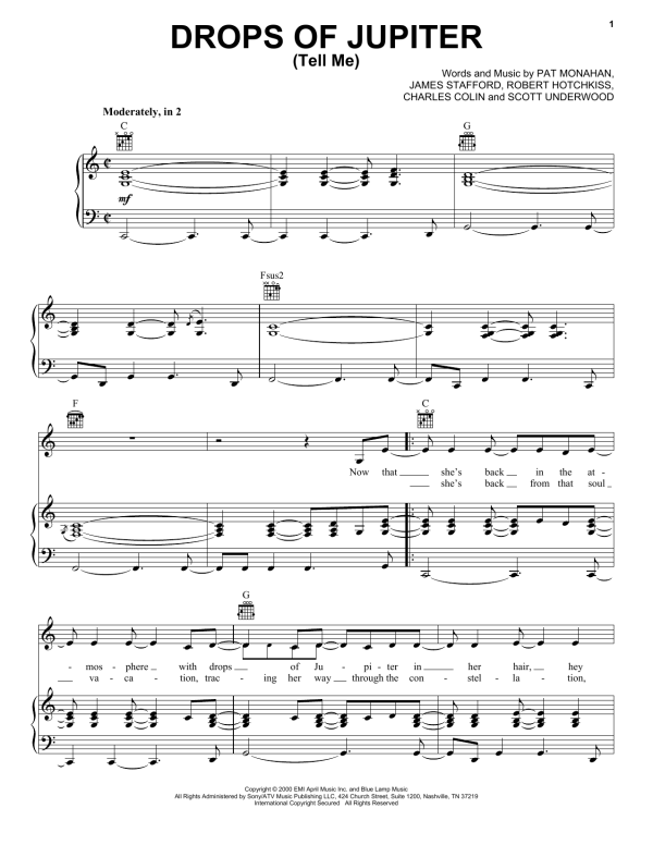 Train Drops Of Jupiter (Tell Me) Musik Noten - Piano Chords/Lyrics - 118180-0