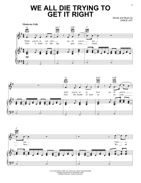 Vance Joy We All Die Trying To Get It Right Musik Noten - Piano, Vocal & Guitar Chords - 164808-0