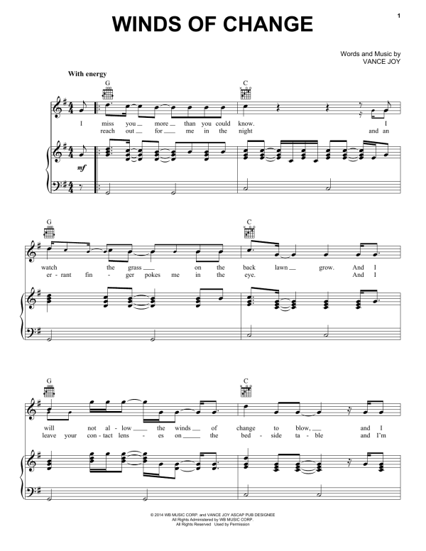 Vance Joy Winds Of Change Musik Noten - Piano, Vocal & Guitar Chords - 164823-0