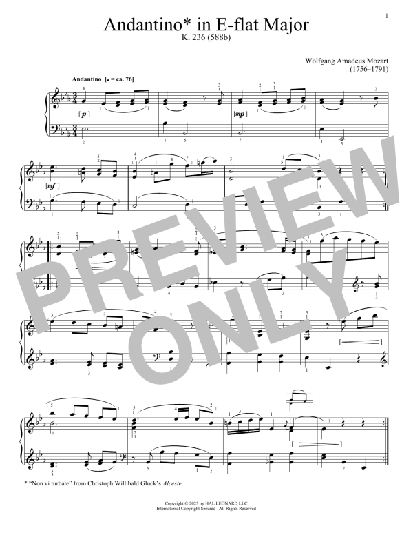 Wolfgang Amadeus Mozart Andantino in E Flat Musik Noten - Beginner Piano - 110313-0